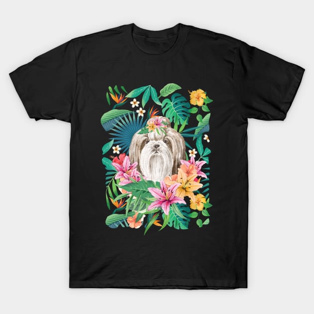 Tropical Long Haired Brown White Shih Tzu 12 T-Shirt by LulululuPainting